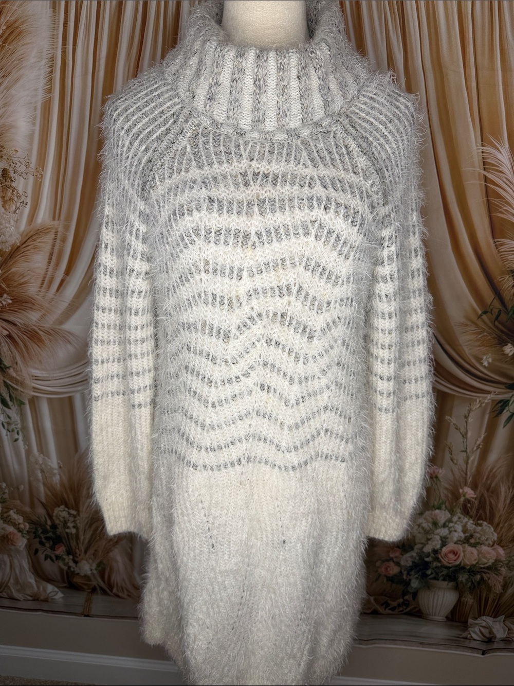 Cozy Ivory & Light Gray Ribbed Cowl Turtleneck Sweater Dress